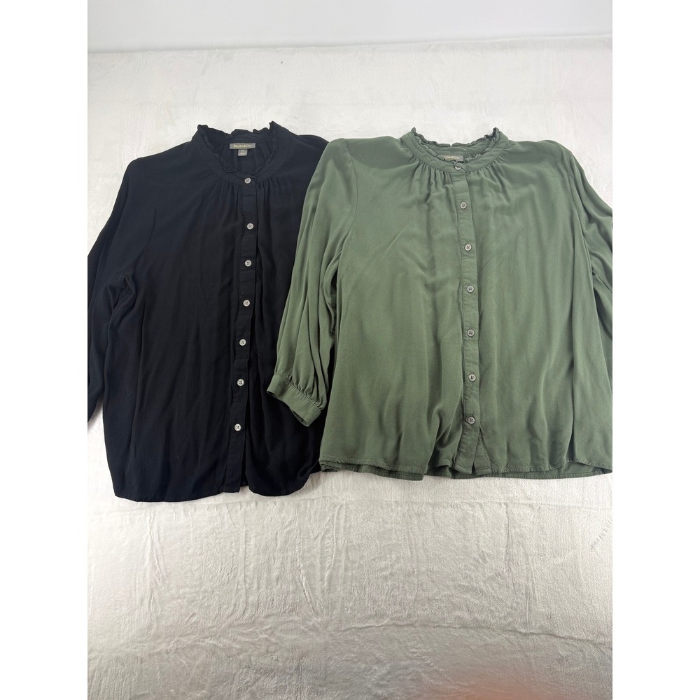 Style &‎ Co Blouse Womens PXL Button Down Black Green Lot of 2 Ruffle Neck Rayon
